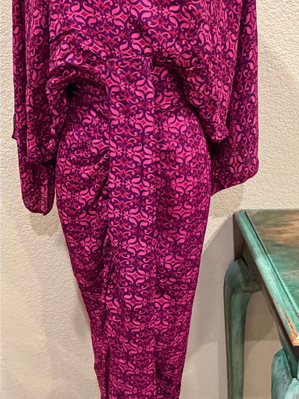 Sissel Edelbo NWOT Pink & Purple printed Kimono sleeve Boho Chic Tie Waist. S/M